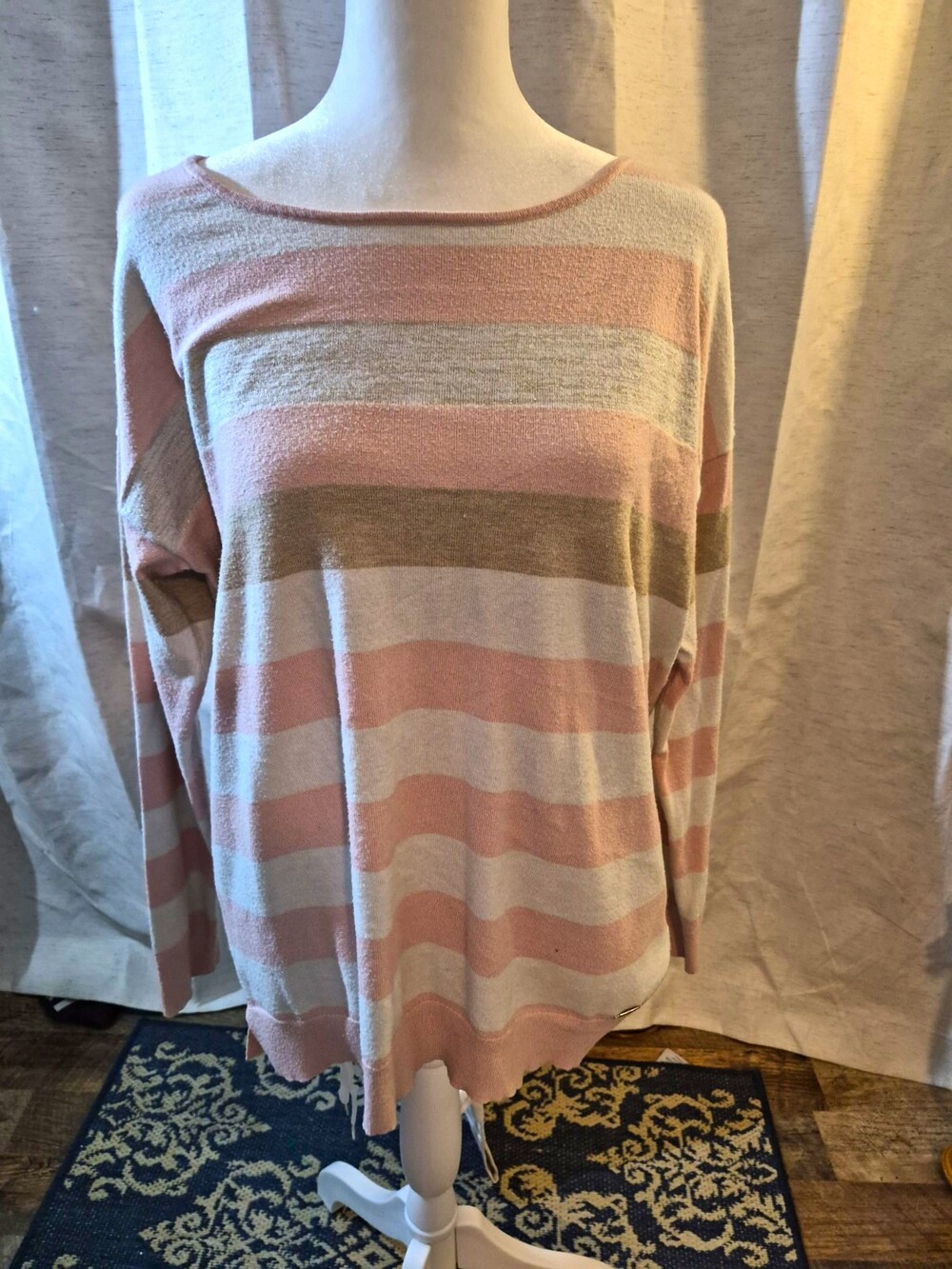 Calvin Klein Women’s Striped Knit Boat Neck Pullover Sweater M Pink Gray Beige